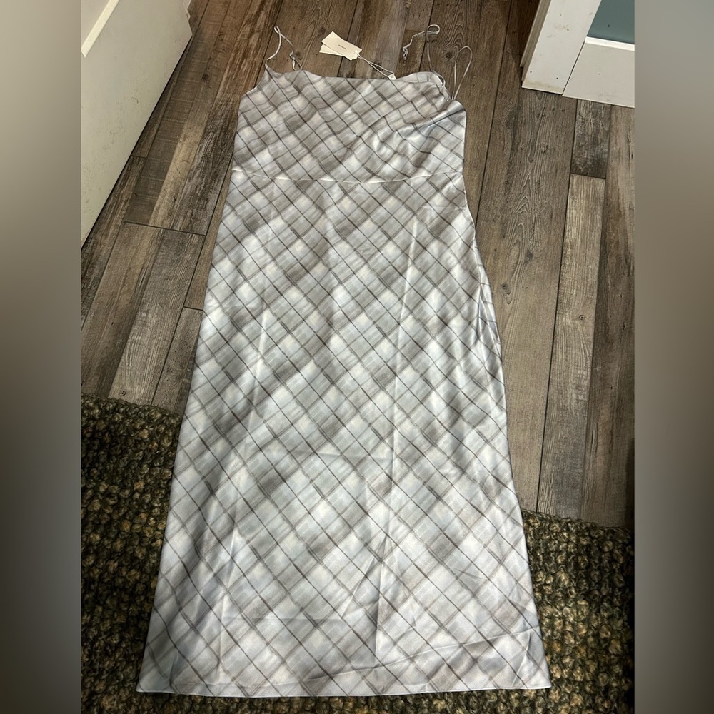 Vince grey Plaid Cowl Neck Slip spaghetti adjustable strap mid-maxi length Dress